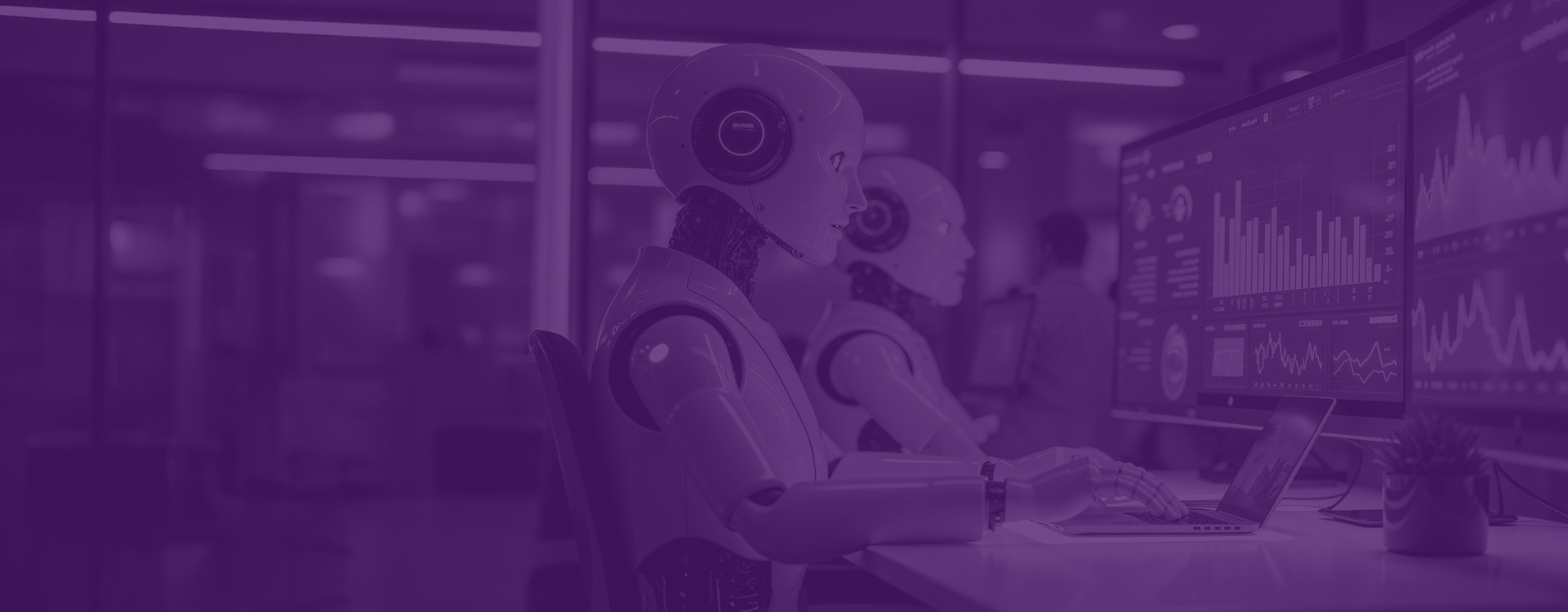 AI robots analyzing data dashboards